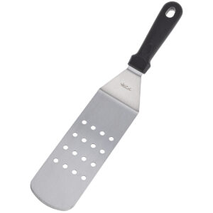 Espátula  Perfurada Longa Curva Profissional em Aço Inox c/ Cabo em  Polipropileno Preto 35,5 x 7cm WECK